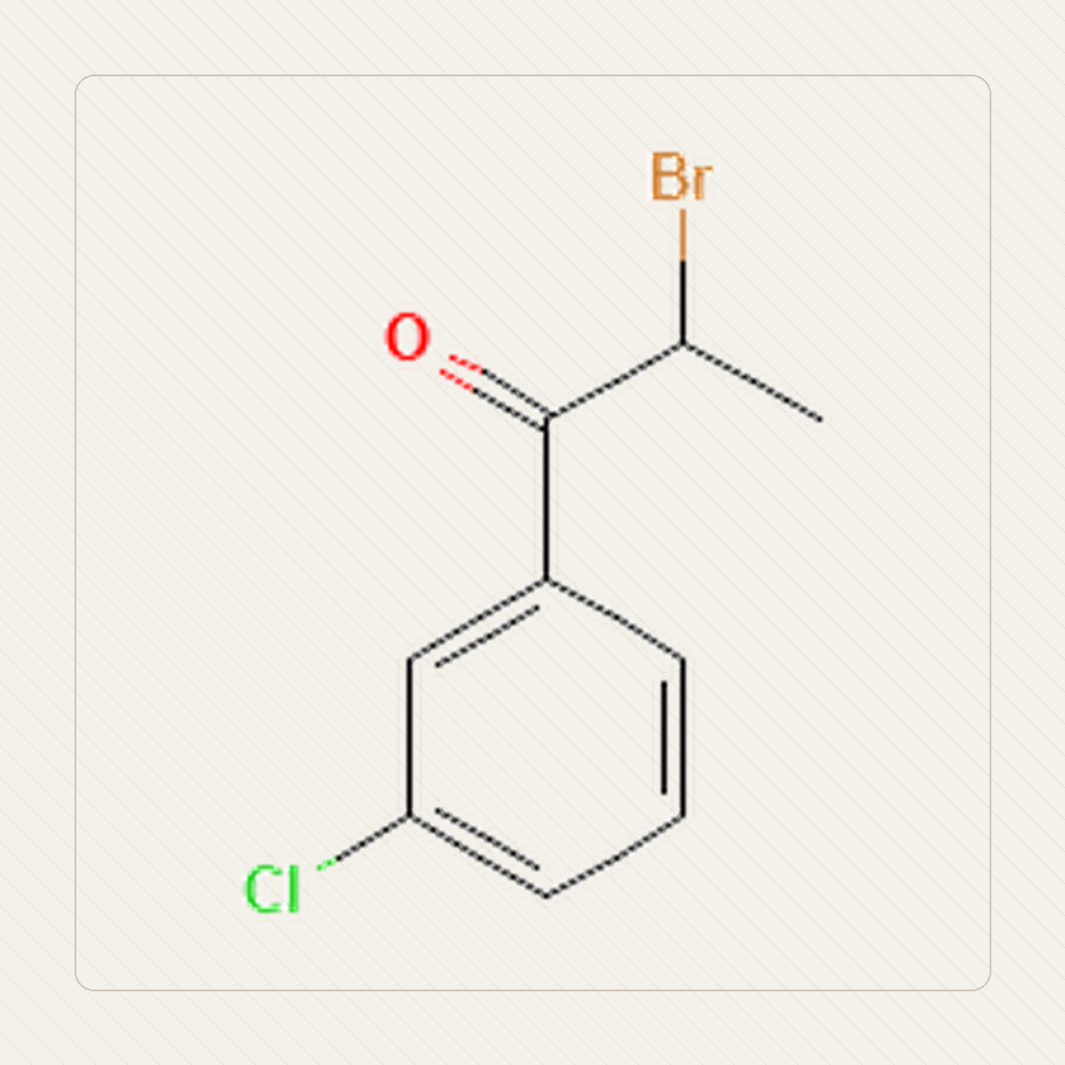 2-brom-3-klorpropiofenon, pedagogisk illustration av molekylstrukturen
