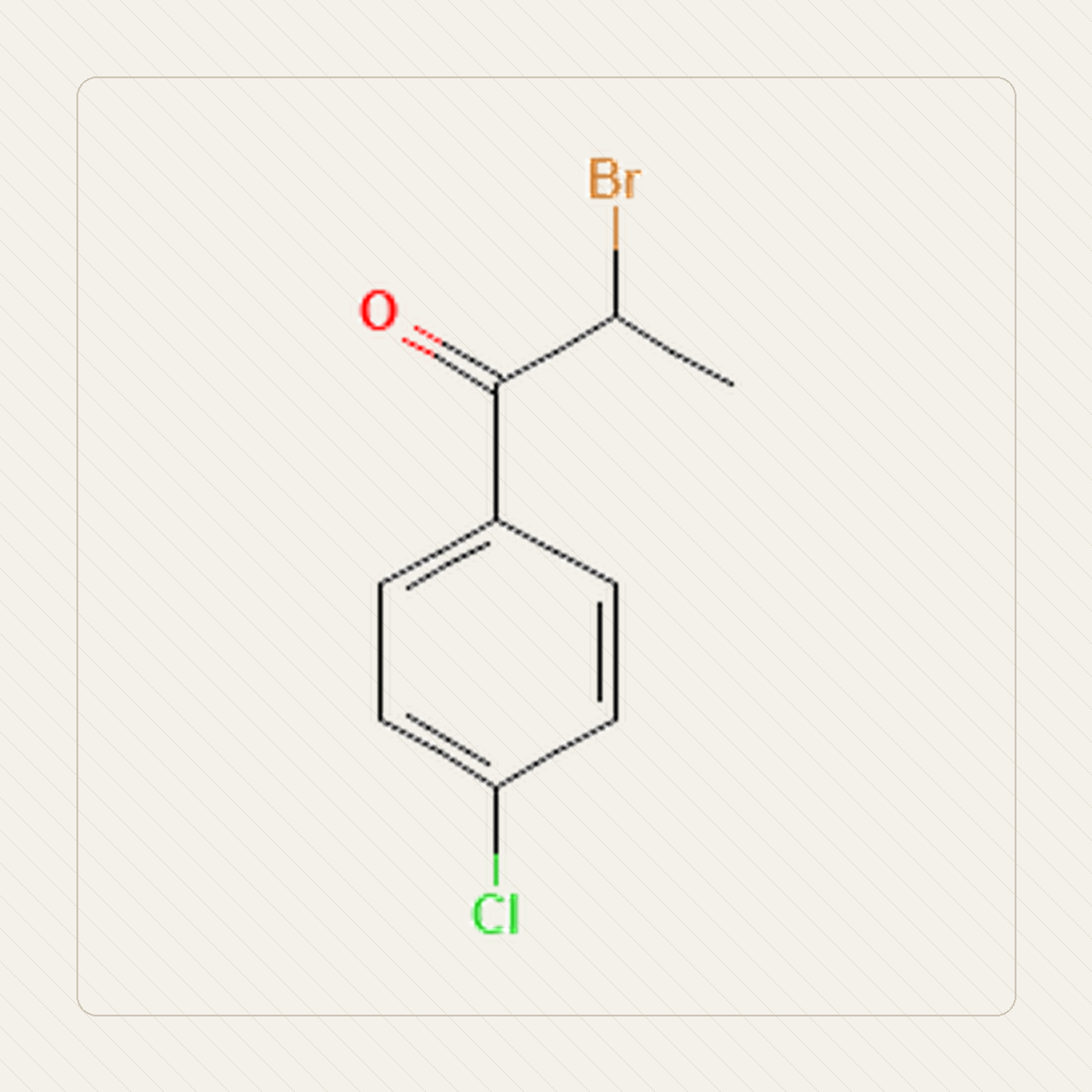 2-brom-4-klorpropiofenon, pedagogisk illustration av molekylstrukturen